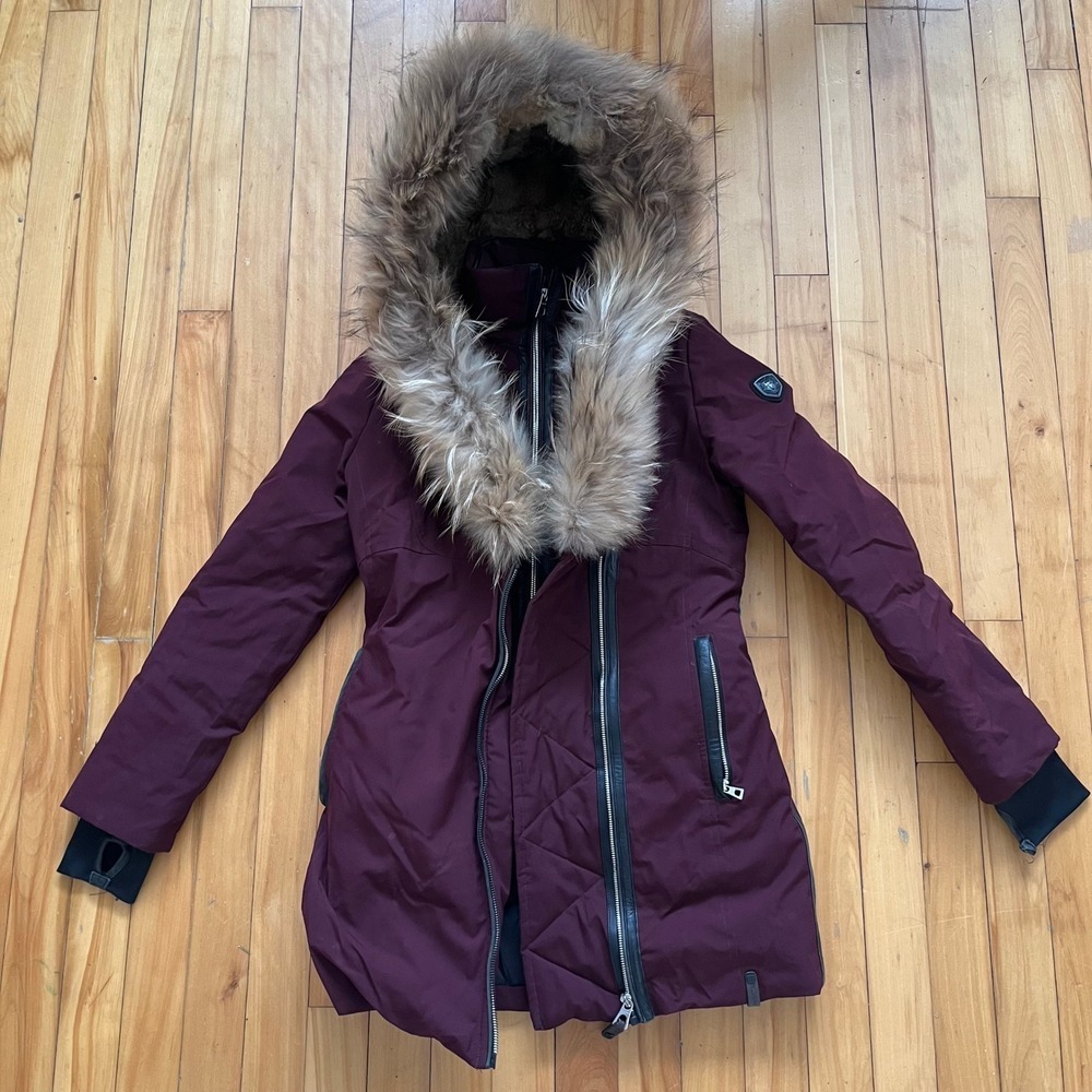 Rudsak Burgundy Down Parka with Raccoon and Rabbit Fur Trim Hood Leather Accents - Picture 9 of 9